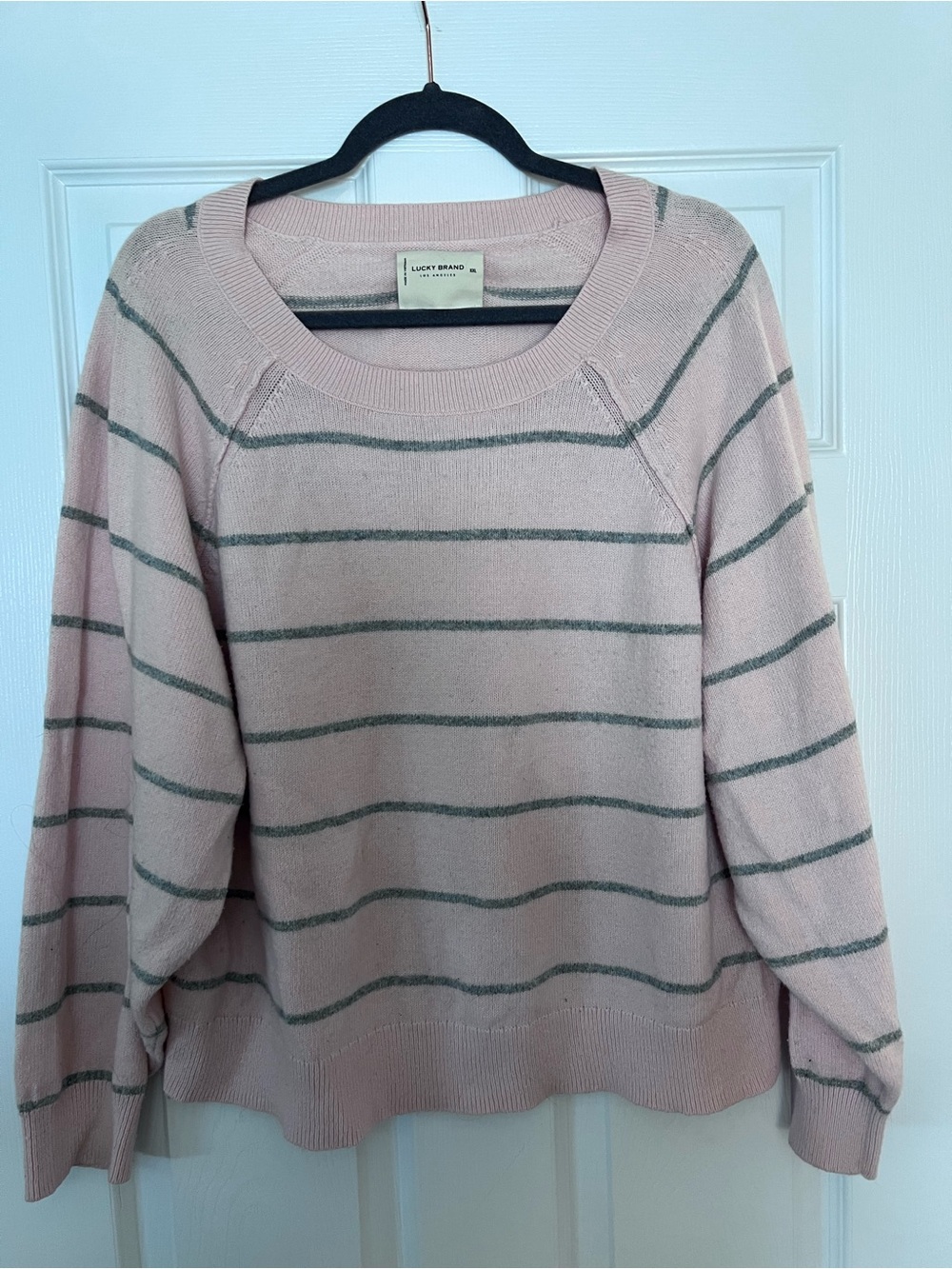 Lucky Brand Blush Pink Crewneck Sweater with Gray Stripes